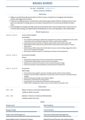 Senior Internal Auditor Resume Sample and Template