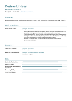 Residence Hall Director Resume Sample and Template