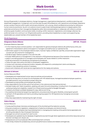 Employee Relations Specialist CV Example and Template