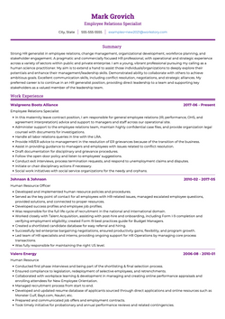 Employee Relations Specialist Resume Sample and Template