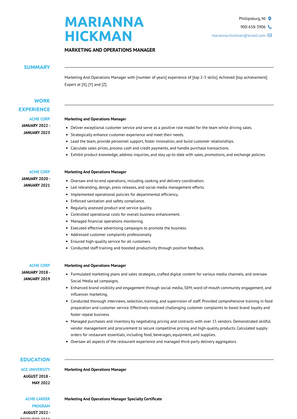 Marketing And Operations Manager Resume Sample and Template