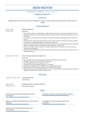 Shipping Supervisor Resume Sample and Template