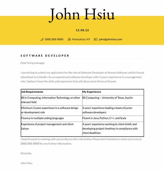 An example of a cover letter for John Hsiu