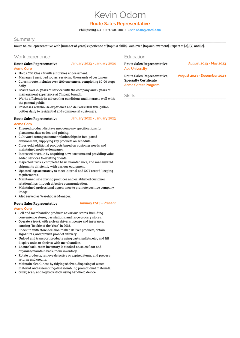 Route Sales Representative Resume Sample and Template