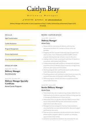 Delivery Manager Resume Sample and Template