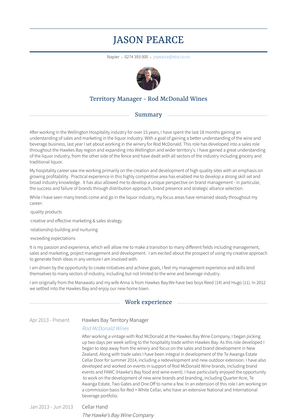 Hawkes Bay Territory Manager Resume Sample and Template
