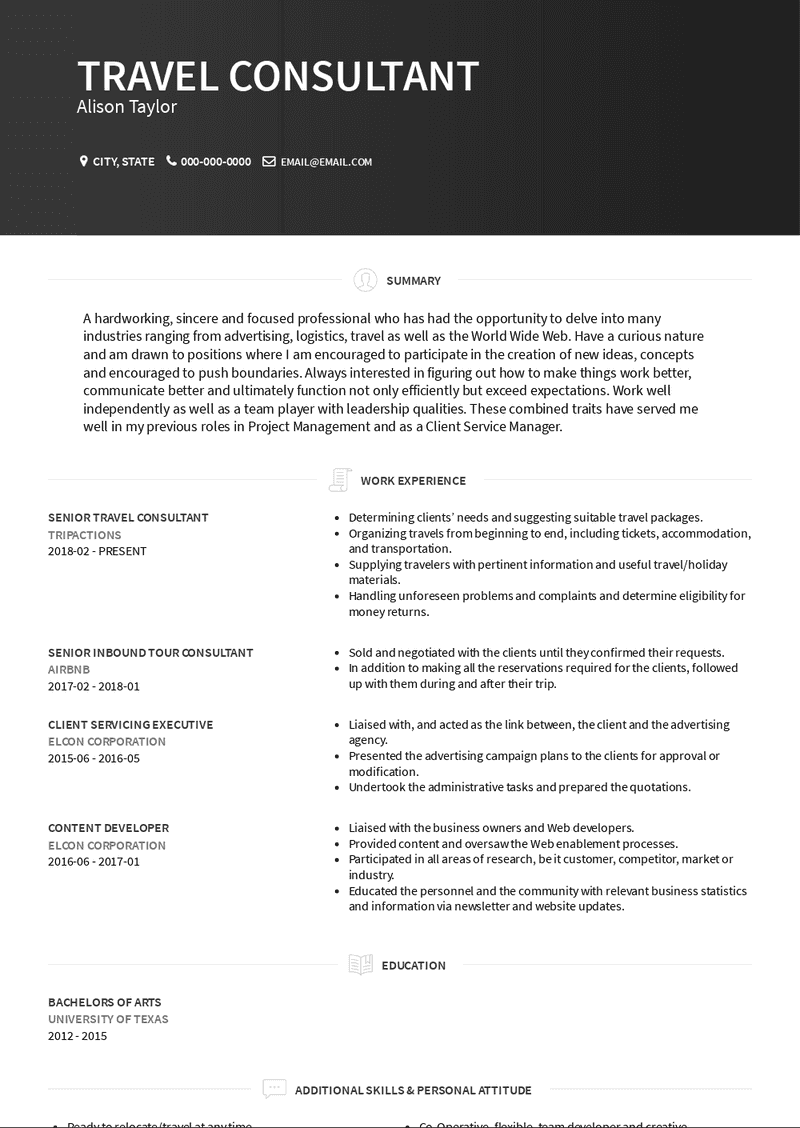 senior corporate travel consultant resume