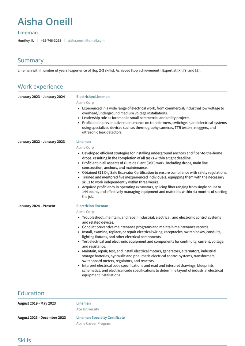 Lineman Resume Sample and Template