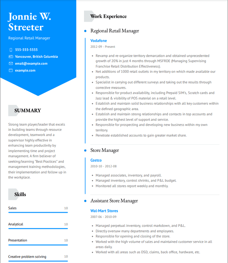 Canadian resume example for retail