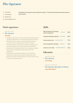 Pbx Operator Resume Sample and Template