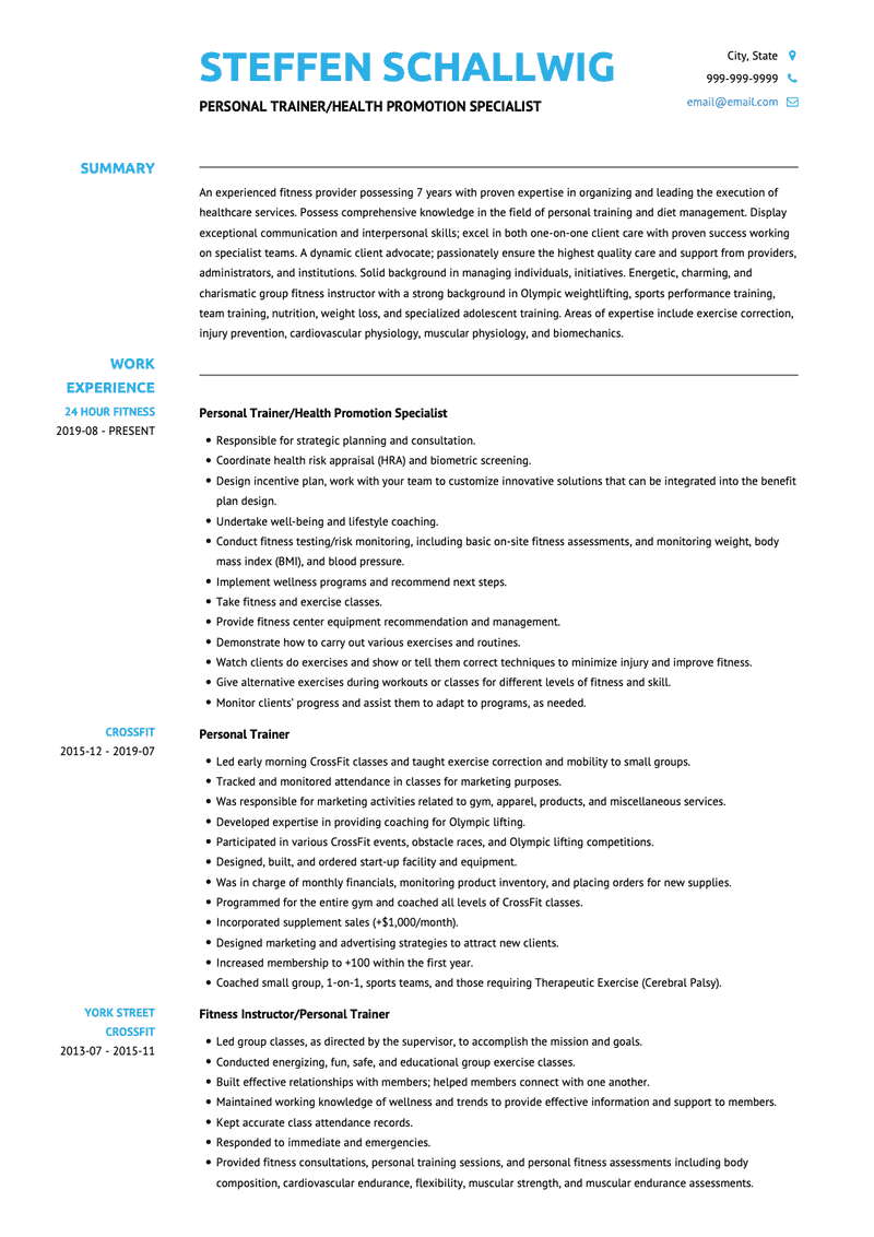 Personal Trainer CV Example and Template