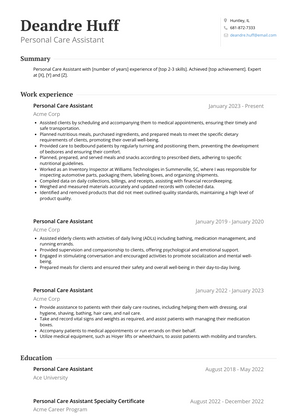 Personal Care Assistant Resume Sample and Template