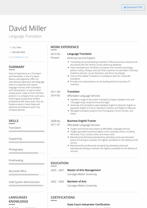 Language Translator Resume Sample and Template