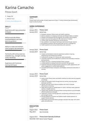 Fitness Coach Resume Sample and Template
