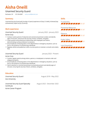 Unarmed Security Guard Resume Sample and Template