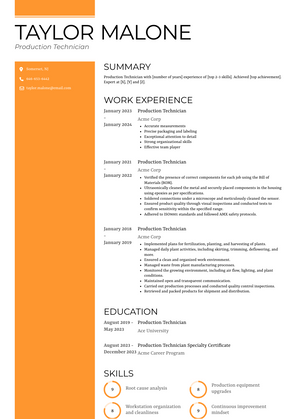 Production Technician Resume Sample and Template