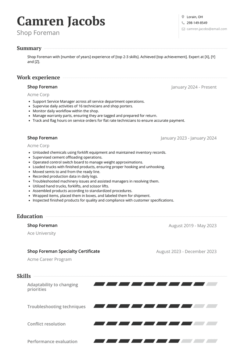 Shop Foreman Resume Sample and Template