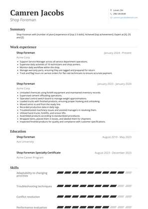 Shop Foreman Resume Sample and Template