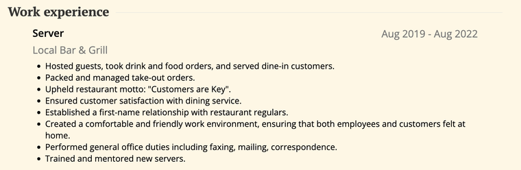 Server job description for resume: Example 1