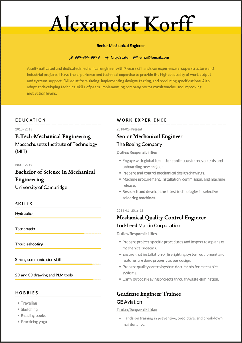 Senior Mechanical Engineer CV Example and Template