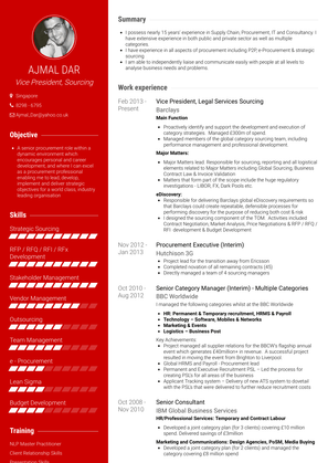Vice President, Legal Services Sourcing Resume Sample and Template