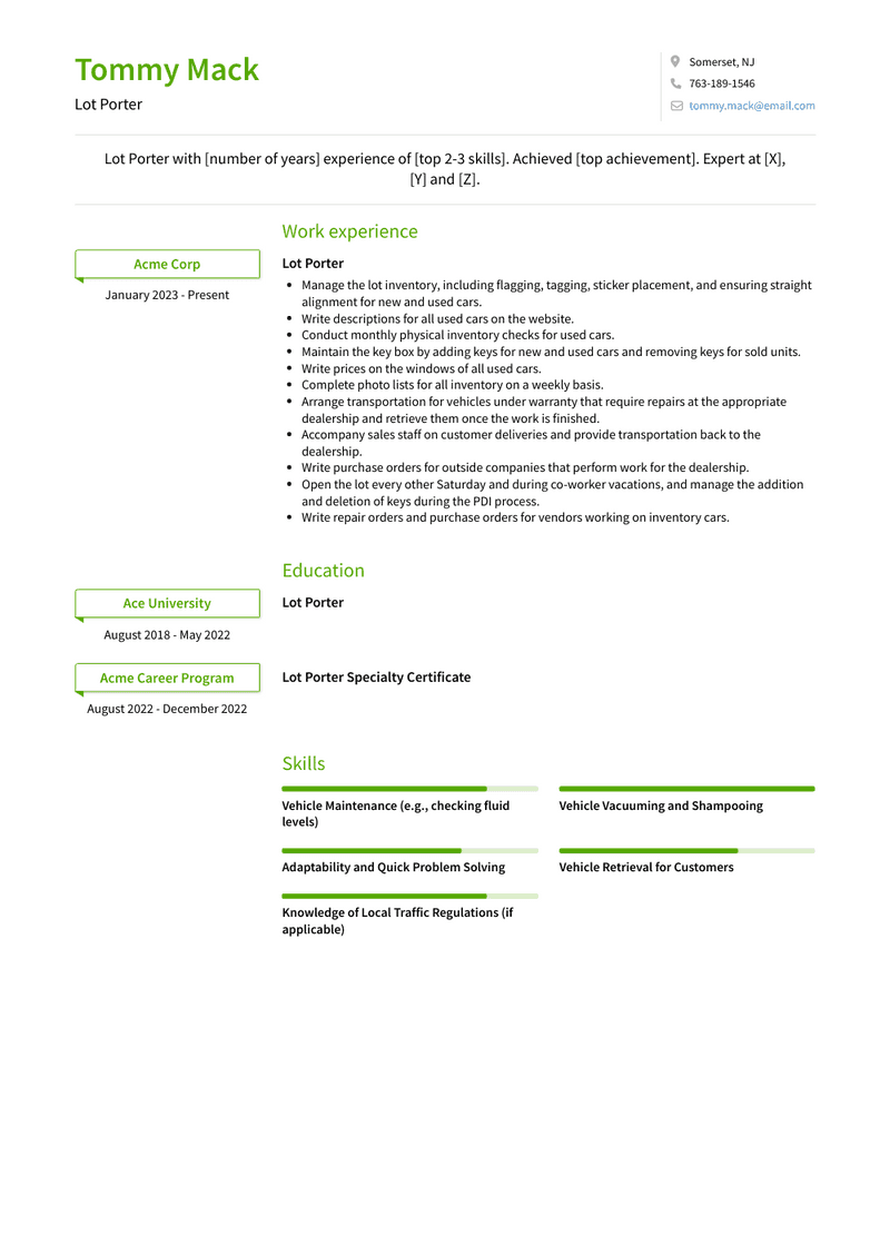 Lot Porter Resume Sample and Template