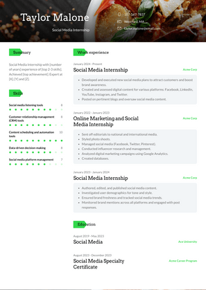 Social Media Internship Resume Sample and Template