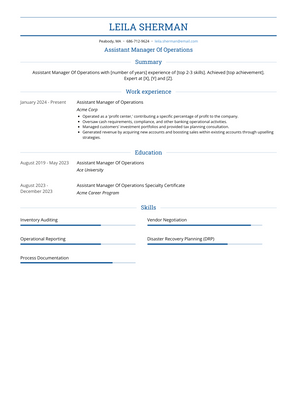 Assistant Manager Of Operations Resume Sample and Template
