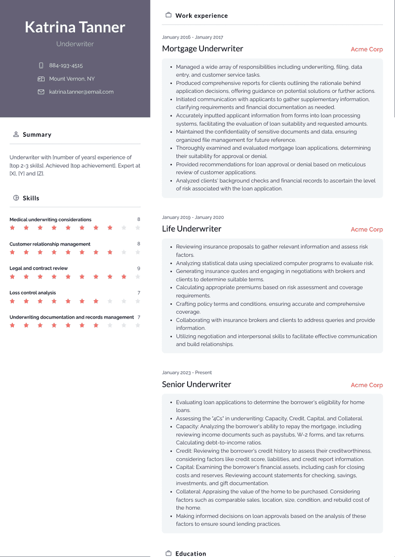 Underwriter Resume Sample and Template