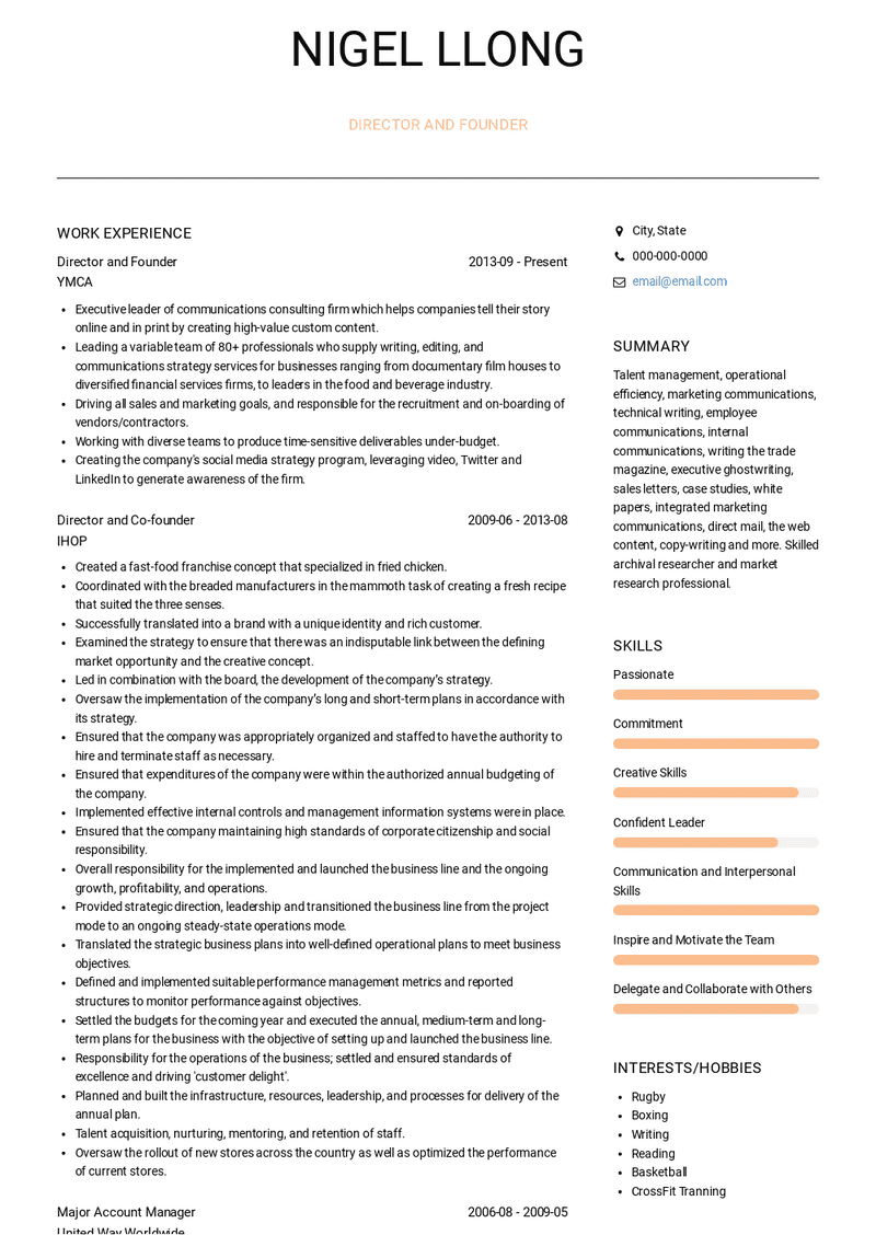 Director and Founder Resume Sample and Template