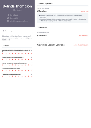 C Developer Resume Sample and Template