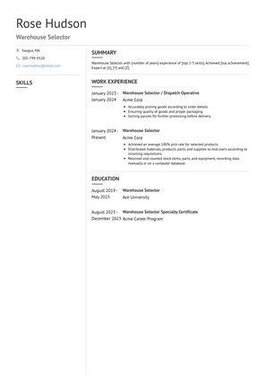 Warehouse Selector Resume Sample and Template