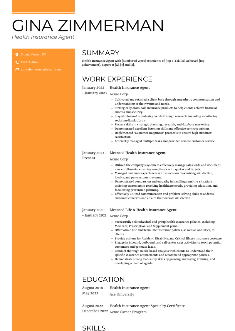 Health Insurance Agent Resume Sample and Template