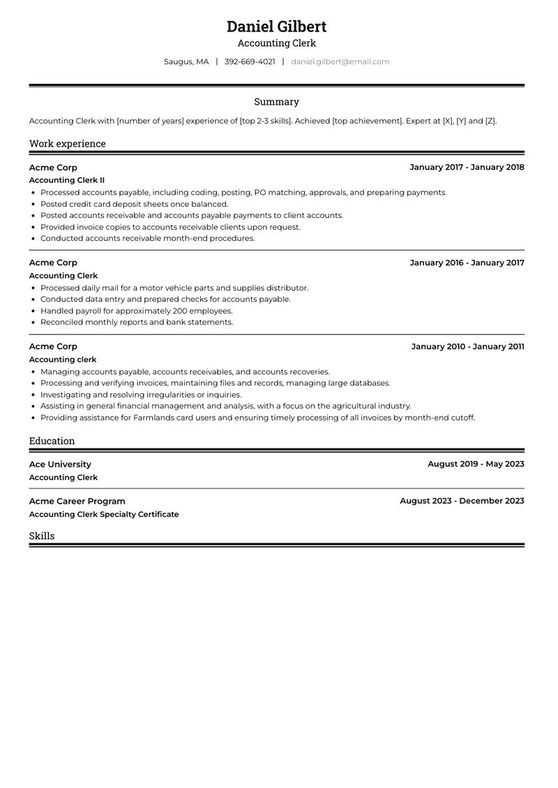 Accounting Clerk Resume Sample and Template