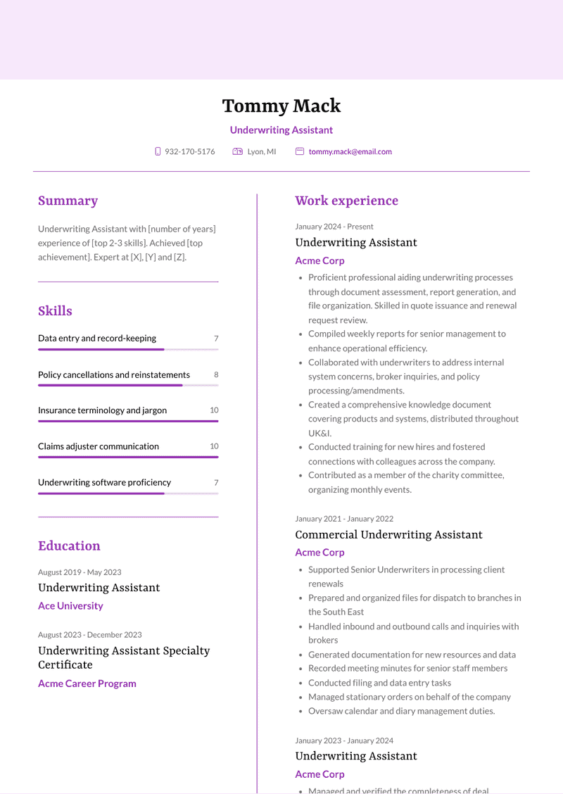 Underwriting Assistant Resume Sample and Template