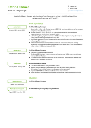 Health And Safety Manager Resume Sample and Template