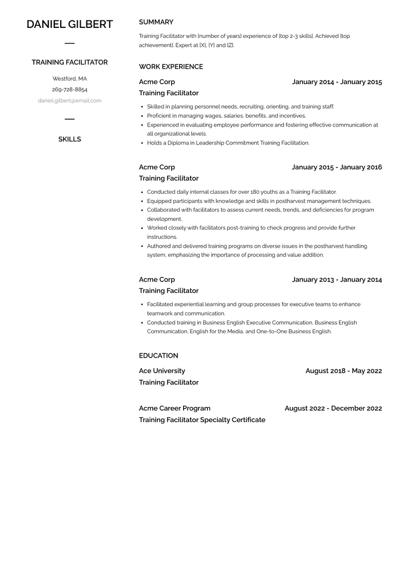 Training Facilitator Resume Sample and Template