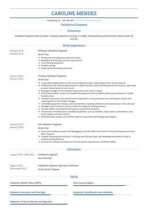 Validation Engineer Resume Sample and Template