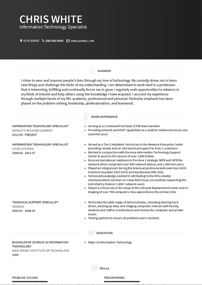 Information Technology Specialist Resume Sample and Template