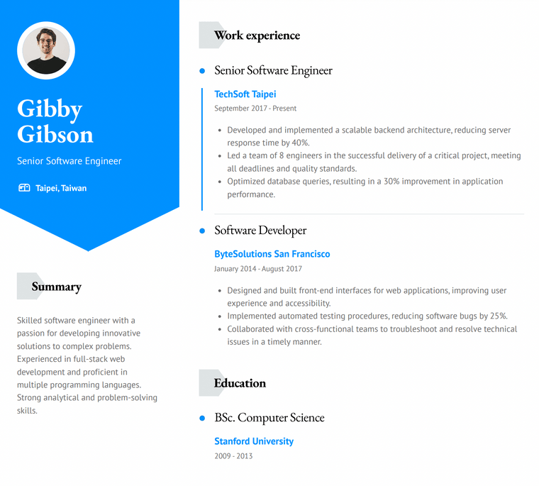 Taiwan Resume Example - Software Developer