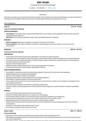 Corporate Communications Manager Resume Sample and Template
