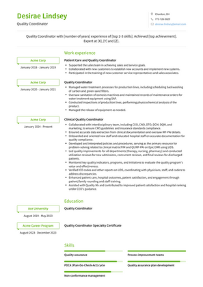 Quality Coordinator Resume Sample and Template