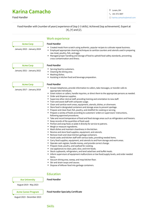 Food Handler Resume Sample and Template