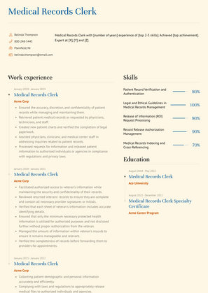 Medical Records Clerk Resume Sample and Template