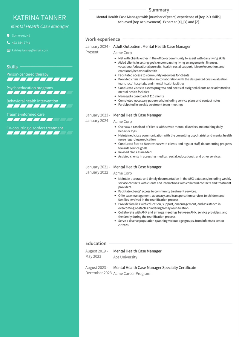 Mental Health Case Manager Resume Sample and Template