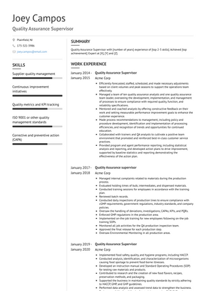 Quality Assurance Supervisor Resume Sample and Template