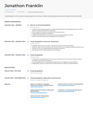 Food Expeditor Resume Sample and Template