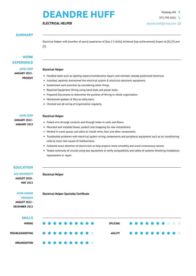 Electrical Helper Resume Sample and Template