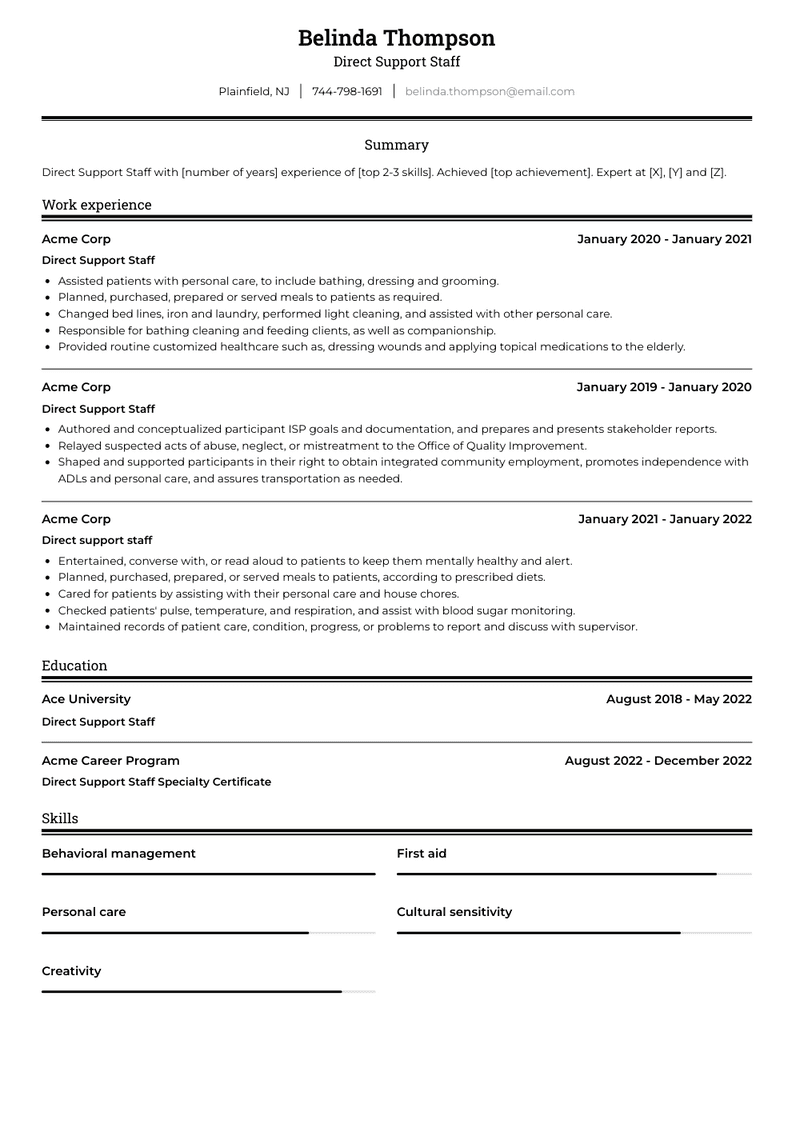 Direct Support Staff Resume Sample and Template