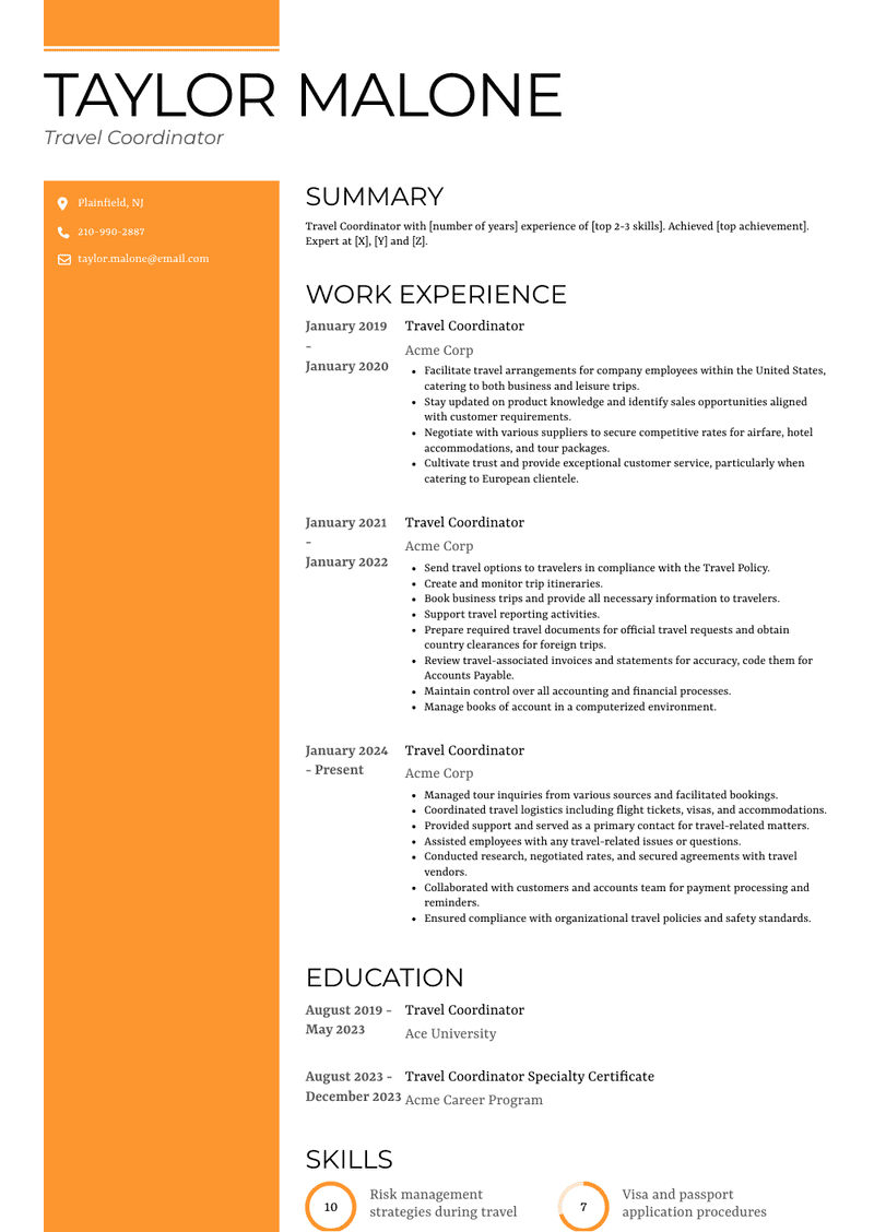 Travel Coordinator Resume Sample and Template